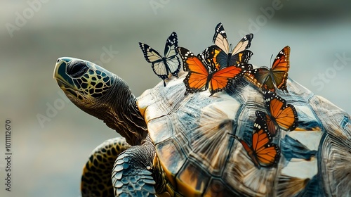 A turtle painted with butterflies on its back and one on its head  photo