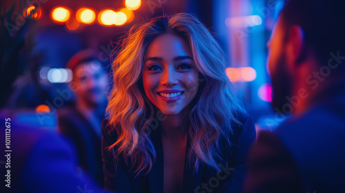 Smiling woman with wavy blonde hair in a neon-lit environment  surrounded by colorful lights  creating a cheerful and trendy atmosphere.