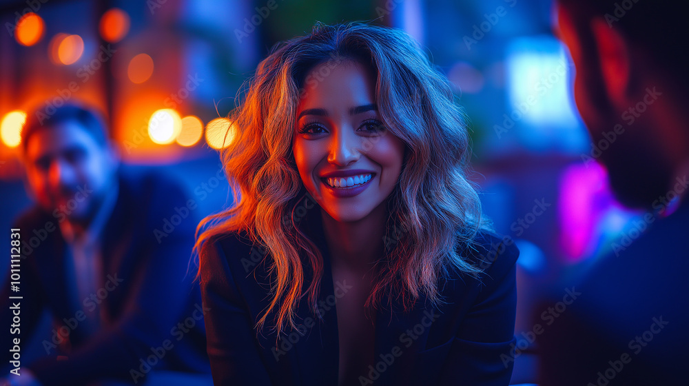Smiling woman with wavy blonde hair in a neon-lit environment, surrounded by colorful lights, creating a cheerful and trendy atmosphere. Smiling woman with wavy blonde hair in a neon-lit environment, surrounded by colorful lights, creating a cheerful and trendy atmosphere.