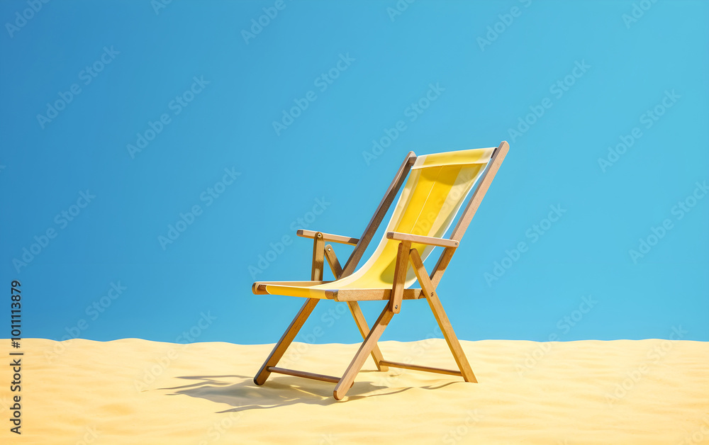 Unoccupied deck chair against blue yellow background Unoccupied deck chair against blue yellow background