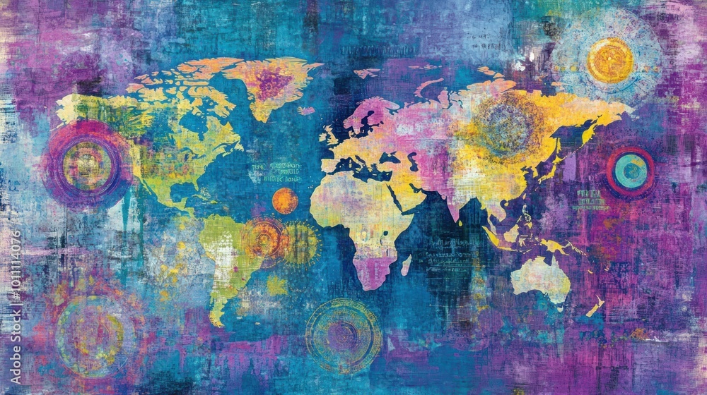 Fototapeta premium A colorful world map illustration with abstract designs and vibrant colors.