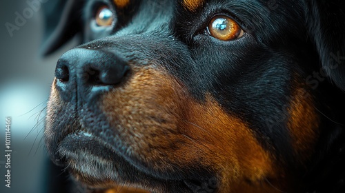 A close-up of a Rottweiler's face showcasing its distinctive features and expressive eyes against a blurred background