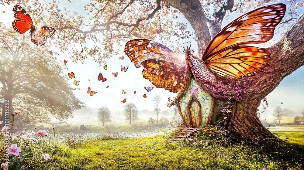 Obraz premium A fairy house, painted amidst a field of blooming flowers and swaying trees, is graced by the fluttering of vibrant butterflies overhead 