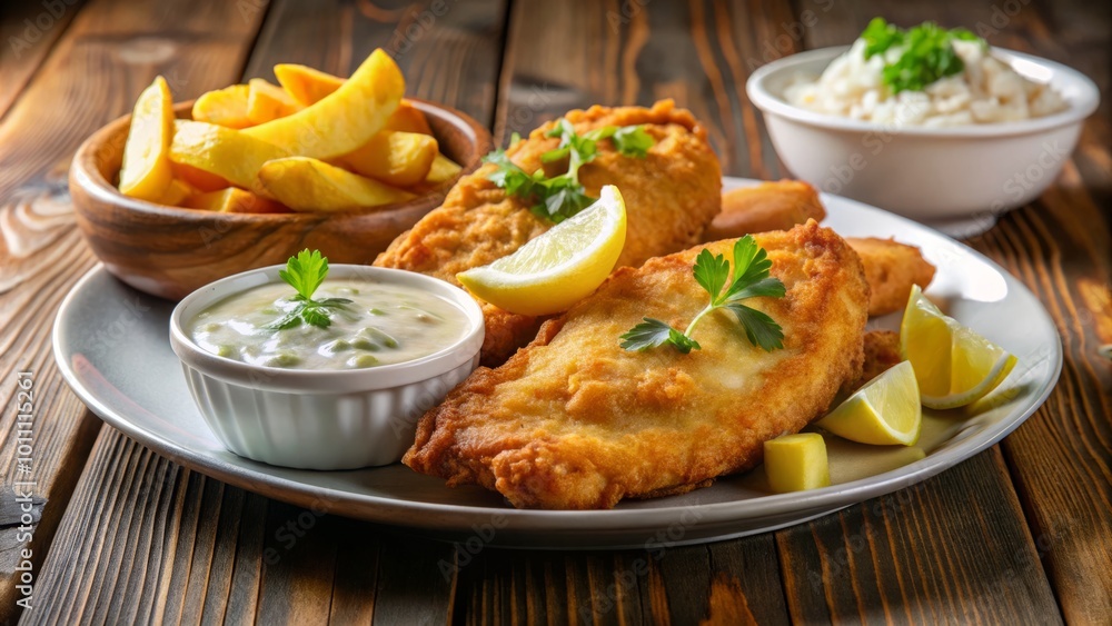 Savor a delectable plate of crispy, deep-fried fish accompanied by tangy tartare sauce and fresh lemon wedges for Savor a delectable plate of crispy, deep-fried fish accompanied by tangy tartare sauce and fresh lemon wedges for