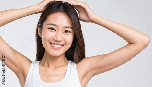 woman showing armpit with smooth clean skin