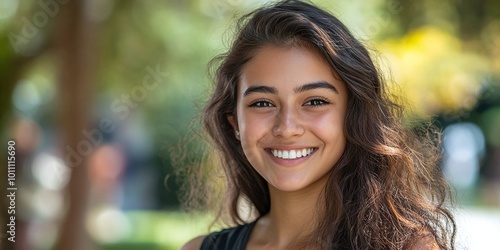 young confident female college student smiling while looking at the camera showcasing her vibrant student life and academic journey