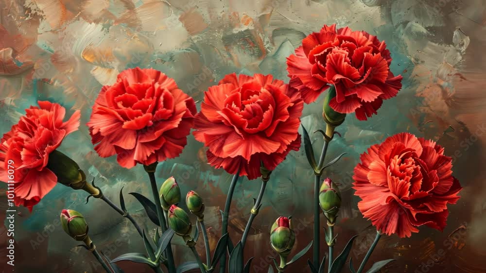 Five red carnations bloom against a green and brown background Five red carnations bloom against a green and brown background