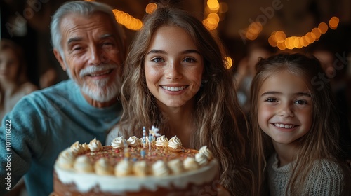 a portrait of multigeneration family with cake on indoor birthday party