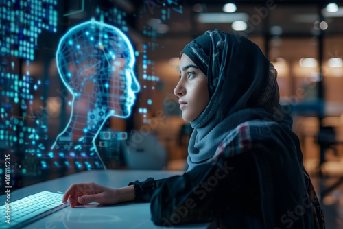Arab student in hijab uses AI in learning, communication with artificial intelligence hologram, concept of tech work, internet surfing, information technology.