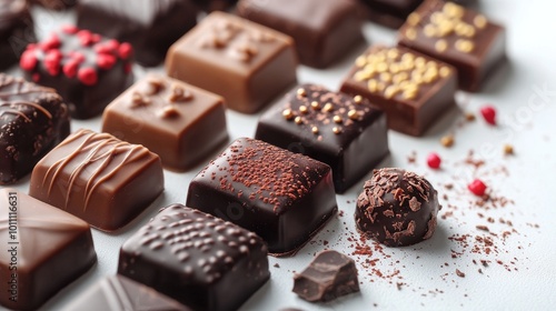 Delicious chocolate pralines lying on white table