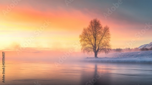 Scenic view of a lone tree in a river, bathed in the soft light of sunrise and surrounded by the magical glow of northern lights, no people.