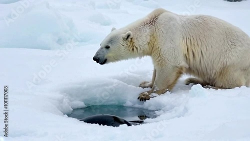 A stunning 4K video capturing a polar bear crouching by an ice hole, intently observing the water as it searches for seals or other prey in the Arctic wilderness.