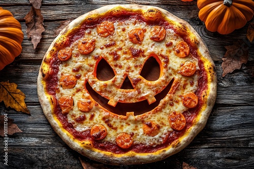 Halloween pizza with a spooky pumpkin smiling face. Generative Ai photo