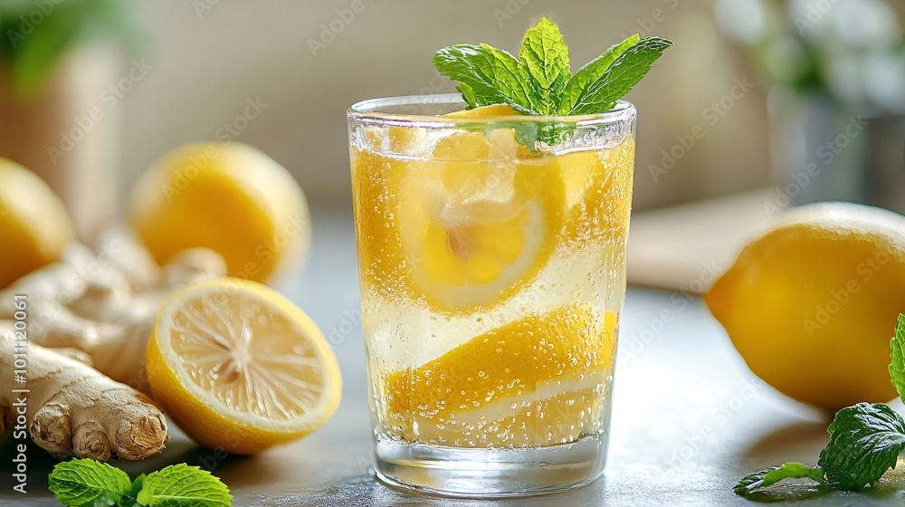 Refreshing cold lemonade with ginger and mint in glass on table Refreshing cold lemonade with ginger and mint in glass on table