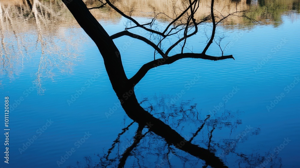 Tranquil image of a treeas shadow in the water, highlighted by a full moon, featuring the shadow of a man fishing along the shore, no people. Tranquil image of a treeas shadow in the water, highlighted by a full moon, featuring the shadow of a man fishing along the shore, no people.