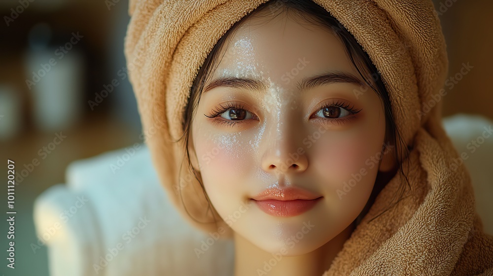 a serene woman with towel wrapped around her head symbolizing relaxation ,rejuvenation embodies the essence of korean head spa a serene woman with towel wrapped around her head symbolizing relaxation ,rejuvenation embodies the essence of korean head spa