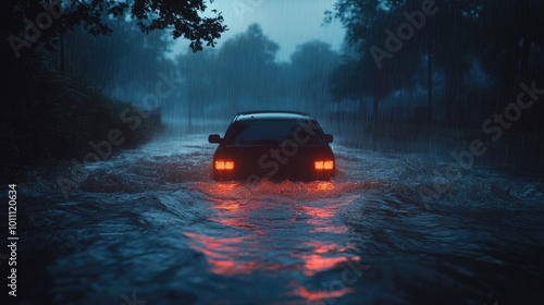 Car Navigating Through Flooded Street at Night with Red Taillights Illuminating the Rainy Scene