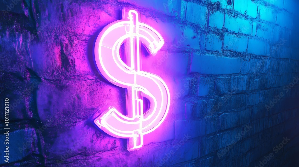 Pink neon dollar sign glowing on a brick wall Pink neon dollar sign glowing on a brick wall