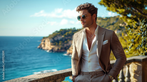 Handsome Man in Suit on a Cliff Overlooking the Ocean