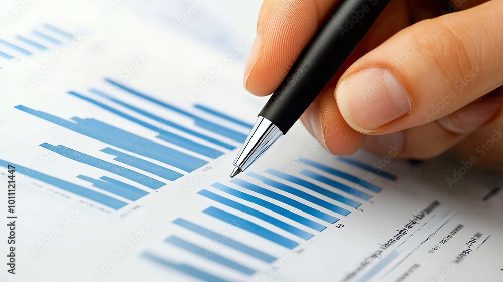 Close-Up of Hand Analyzing Financial Data with Pen on Business Report Featuring Blue Bar Graphs and Charts Close-Up of Hand Analyzing Financial Data with Pen on Business Report Featuring Blue Bar Graphs and Charts