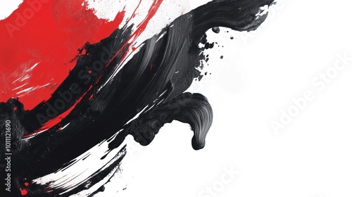 Abstract artwork featuring bold black and red brush strokes on a white background.