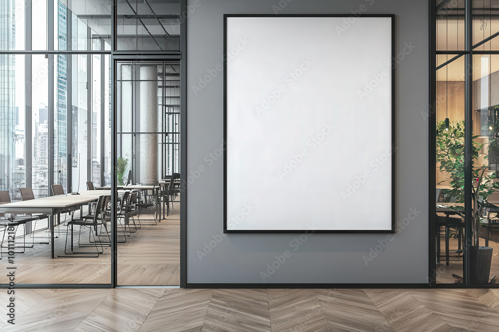 © Helena GARCIA - Oficina decorada con póster en blanco con marco negro, en una pared gris, sobre fondo de un edificio modernista, con amplios espacios, mesas, sillas  en zona de descanso decorado con plantas