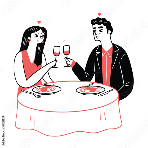 This a couple sitting at a table with a meal in front of them. There's a romantic atmosphere, as indicated by the small hearts above their heads. They are dressed nicely and enjoying dinner together, 