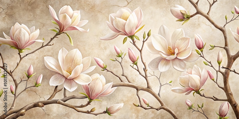 Soft beige textured backdrop adorned with delicate magnolia flowers blooming on branches, perfect for enhancing the Soft beige textured backdrop adorned with delicate magnolia flowers blooming on branches, perfect for enhancing the