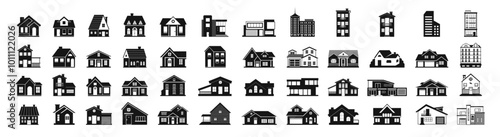 Home icon vector symbol estate house building apartment roof set chimney residential