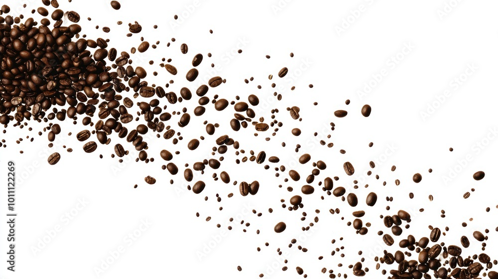A scattering of coffee beans on a white background, showcasing their rich texture and color. A scattering of coffee beans on a white background, showcasing their rich texture and color.