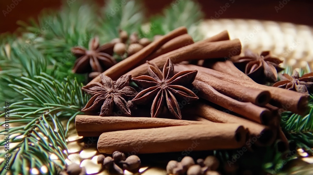 ** Aromatic Cinnamon Sticks and Star Anise with Pine Branches on a Golden Surface for Festive Holiday and Culinary Themes..** ** Aromatic Cinnamon Sticks and Star Anise with Pine Branches on a Golden Surface for Festive Holiday and Culinary Themes..**