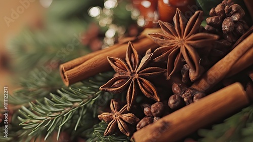 Close-Up of Festive Holiday Spices and Pine Cones with Star Anise and Cinnamon Sticks on Evergreen Branches