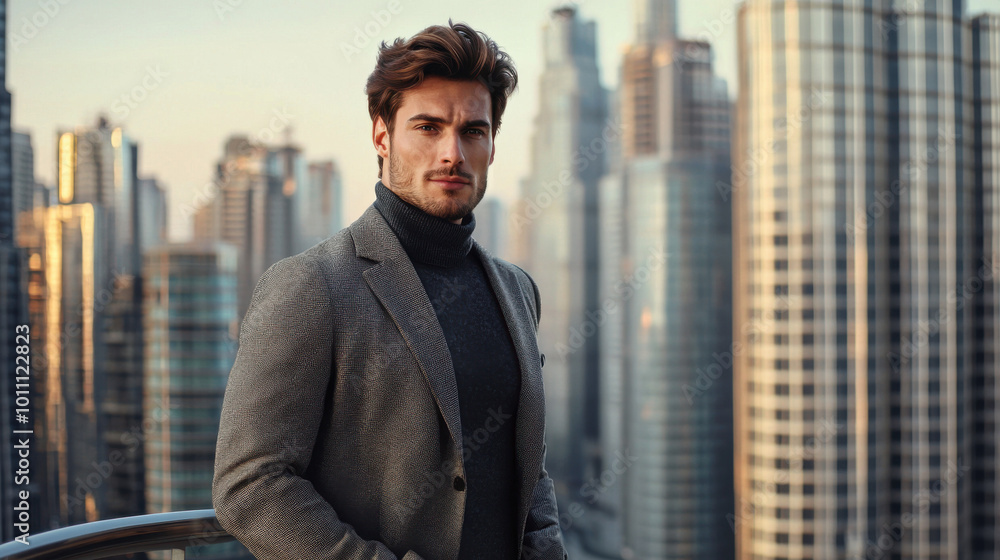 Handsome Man in Suit Looking at the Camera with City Skyline in Handsome Man in Suit Looking at the Camera with City Skyline in