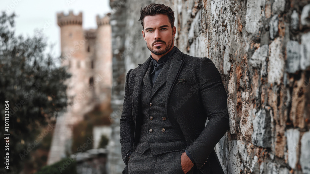 Elegant Man in Suit Standing Against Stone Wall Elegant Man in Suit Standing Against Stone Wall