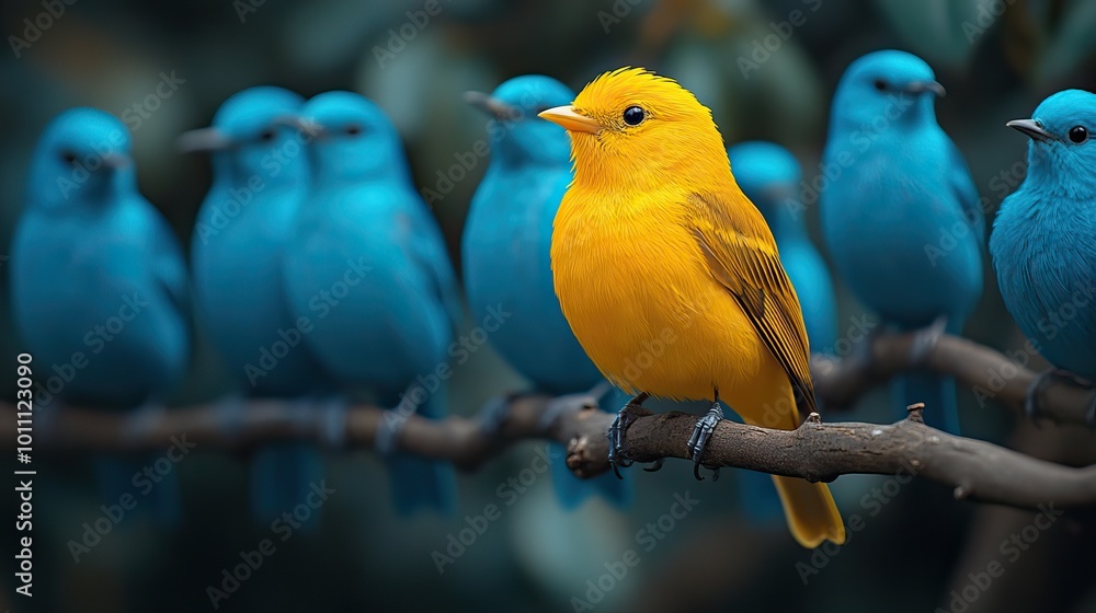 Obraz premium a vibrant yellow bird stands out in crowd of identical blue birds symbolizing individuality uniqueness ,the courage to be different in conformist society