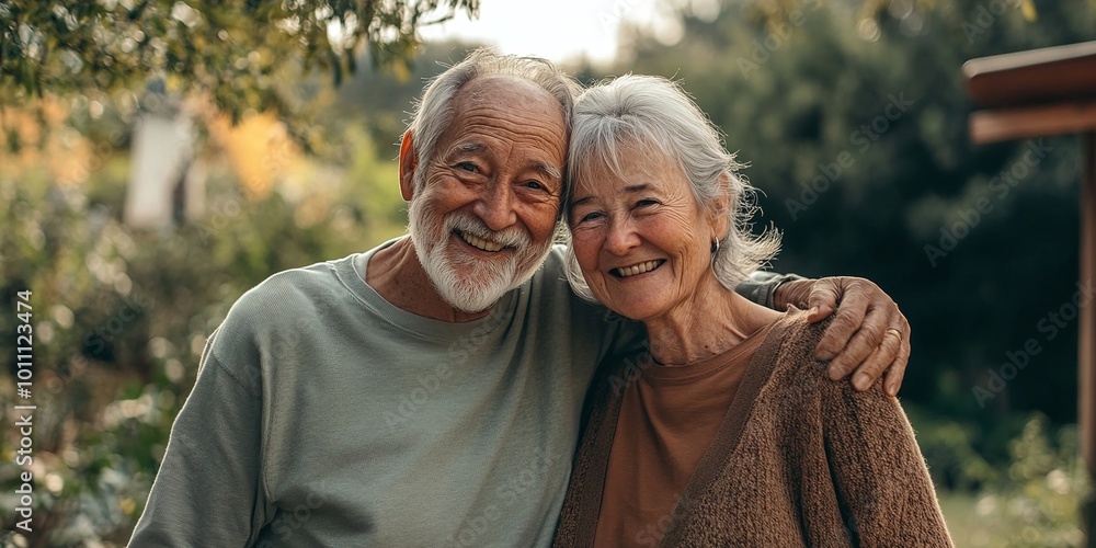 happy and smiling elderly couple posing together celebrating their love and togetherness in a warm portrait capturing their bond and joy in life