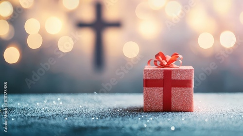 Wallpaper Mural A workplace holiday gift exchange with a prominent Christmas cross in the background. Torontodigital.ca