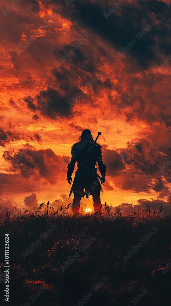 Fototapeta premium Silhouetted Warrior Standing Against Dramatic Sunset Sky with Sword and Clouds in Majestic Landscape