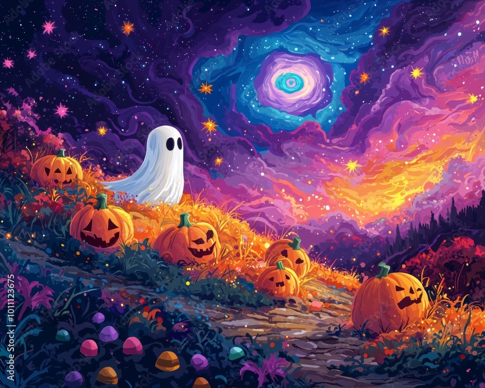 Obraz premium Colorful Ghost in a Candy Filled Pumpkin Patch