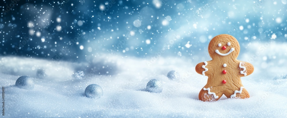 Fototapeta premium Christmas Snowy winter celebration festive background with smiling gingerbread man cookie standing isolated on bokeh lights background with copy space for text
