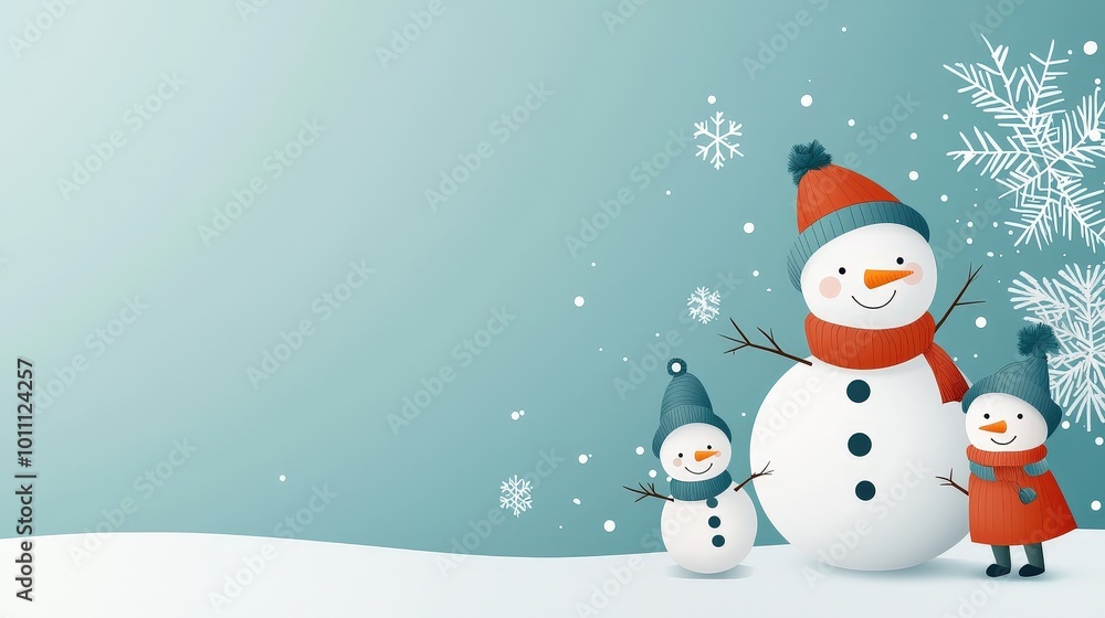 Fototapeta premium Children building a snowman, winter wonderland, copy space, flat design illustration