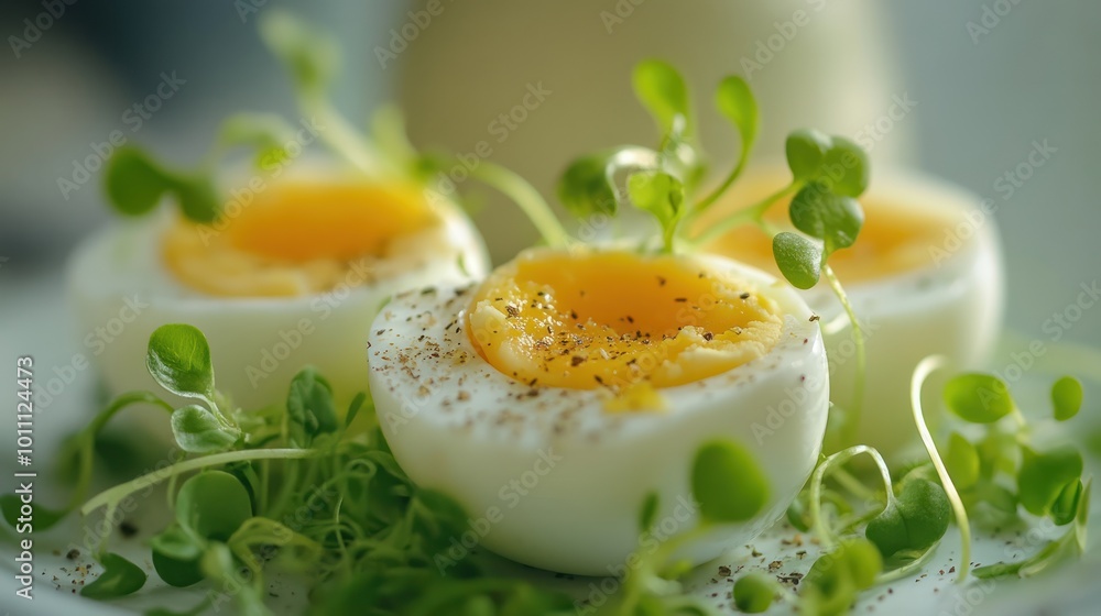 Close up of boiled eggs with micro greens