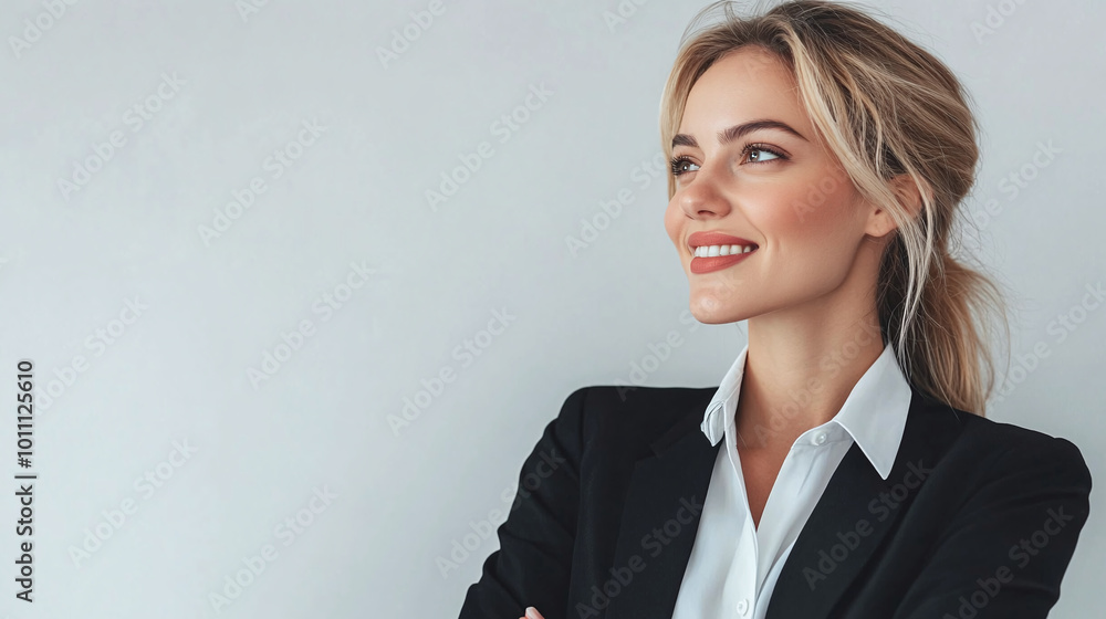 Portrait of smiling business woman boss in suit posing on grey studio background Portrait of smiling business woman boss in suit posing on grey studio background