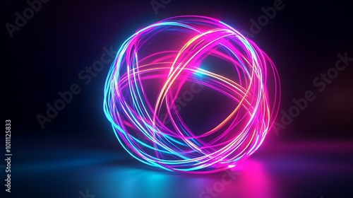 Bright neon light trails forming glowing sphere in dark space