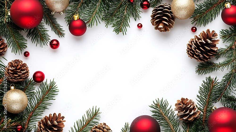 Festive Frame of Christmas Fir Branches and Ornaments Festive Frame of Christmas Fir Branches and Ornaments