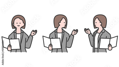 書類を持ち、プレゼンテーションする女性・バリエーション