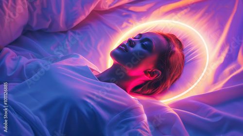 A serene figure lying in bed, with a glowing aura around their head, symbolizing the dream state.