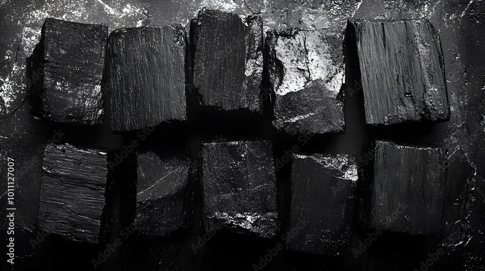 Black charcoal pieces of wood arranged in an overhead view, showcasing their unique textures and shapes. The natural, dark tones of the charcoal contrast beautifully against various backgrounds, makin Black charcoal pieces of wood arranged in an overhead view, showcasing their unique textures and shapes. The natural, dark tones of the charcoal contrast beautifully against various backgrounds, makin