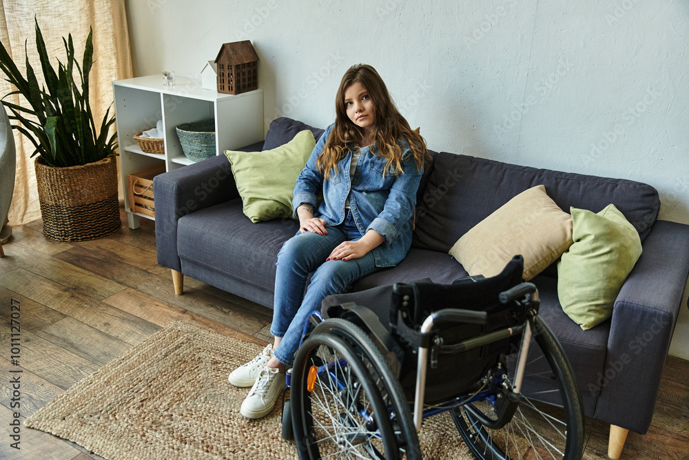 A young woman sits on a couch in a modern apartment with her wheelchair beside her. A young woman sits on a couch in a modern apartment with her wheelchair beside her.