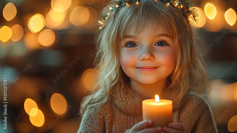 cheerful small girl standing indoors at christmas holding candle cheerful small girl standing indoors at christmas holding candle